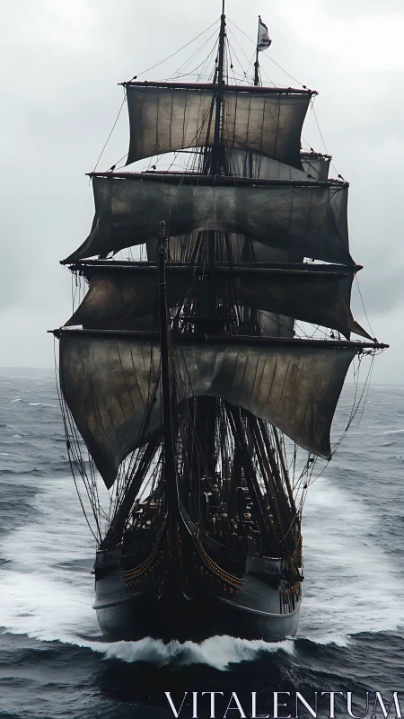 Stormworn tallship charges headlong through steel-blue seas.