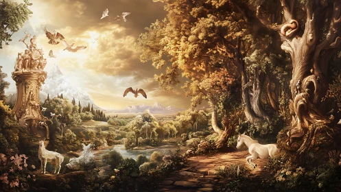 Mythic valley with unicorns, baroque statue and golden sky.