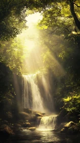 Luminous forest waterfall with layered canopy illumination.