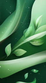 Gentle green leaves drift softly through a calm abstract breeze