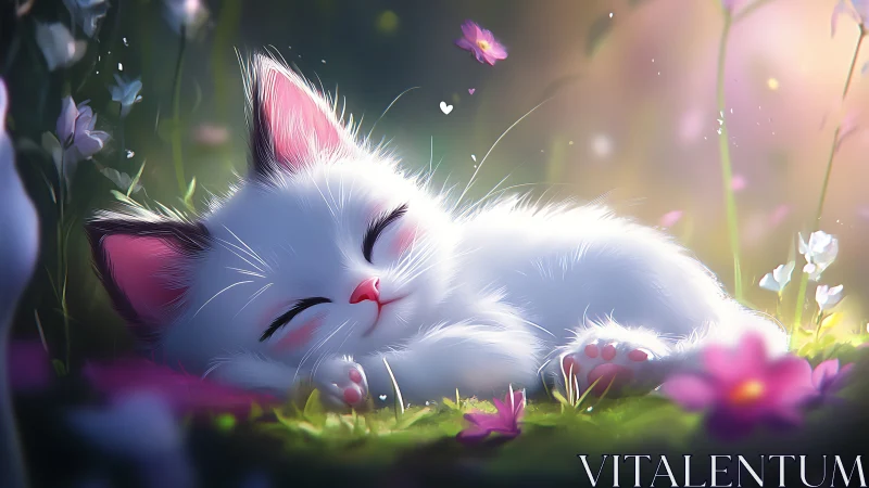 A Peaceful White Kitten Dreams Among Blooming Flowers