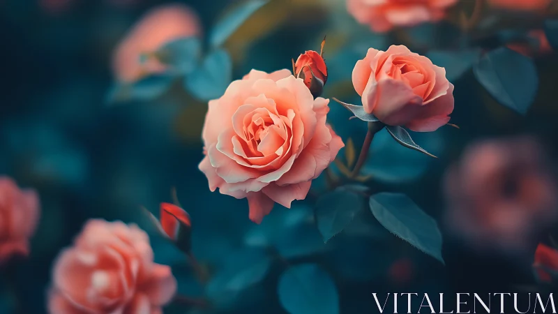 Coral Roses Against Teal Foliage Bloom Study.