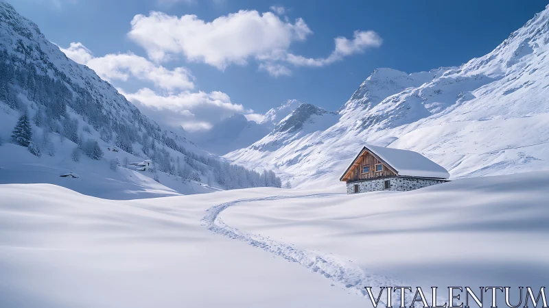 Cozy mountain cabin resting in a soft, sunlit winter valley.