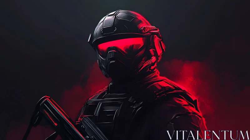 Armored sci‑fi soldier glows in ominous red haze.