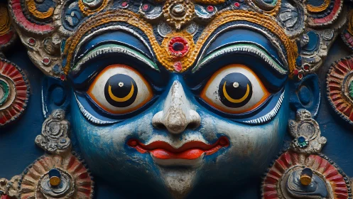 Vibrant close-up of sculpted deity mask with intense gaze