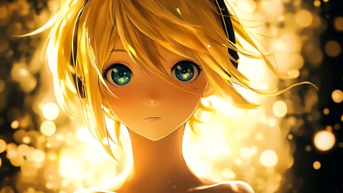 Anime portrait of blond character with bokeh light backdrop.