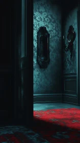 Dim corridor shows ornate mirrors and red patterned carpet