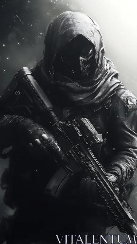 Tactical hooded operative in monochrome digital painting profile.