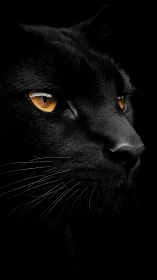 Black Cat Portrait with Golden Eyes Against Dark.