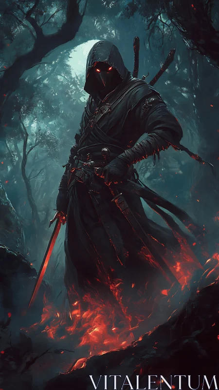 Hooded dark swordsman in ember-lit forest with glowing eyes