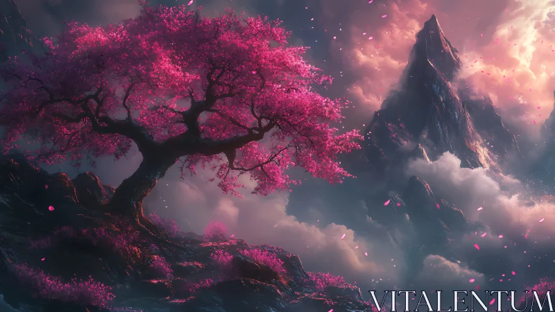 Solitary cherry tree stands before clouded mountain peak