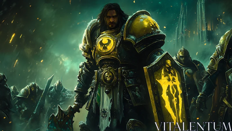 Armored fantasy commander with glowing shield in battle line.