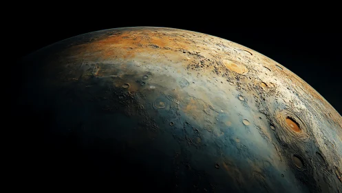 Craters on illuminated planetary surface in deep space.