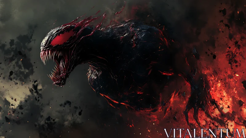 Fierce shadow creature roaring through swirling fire and smoke.