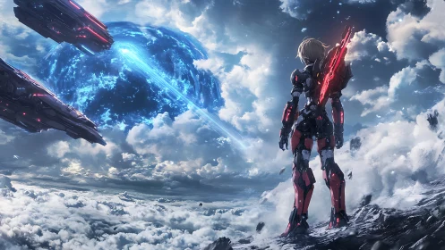 Armored sentinel confronts collapsing skyborne energy rift.