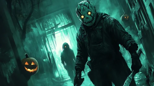 Masked slasher stalks foggy alley under glowing pumpkins