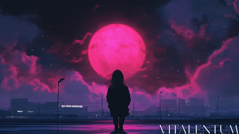 Silhouetted figure viewing large pink moon above cityscape.