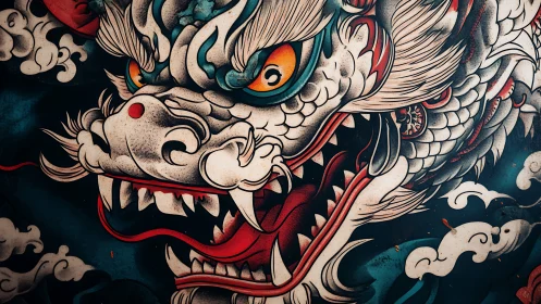 Japanese dragon head illustration fills frame with clouds