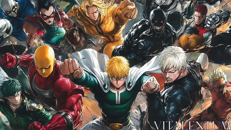 Dynamic multi-hero combat convergence in high-energy anime tableau.