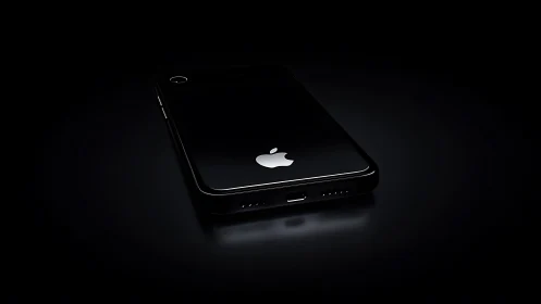 Black iPhone with Illuminated Apple Logo on Dark Surface