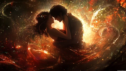 Two figures silhouetted against radiant golden and crimson light burst