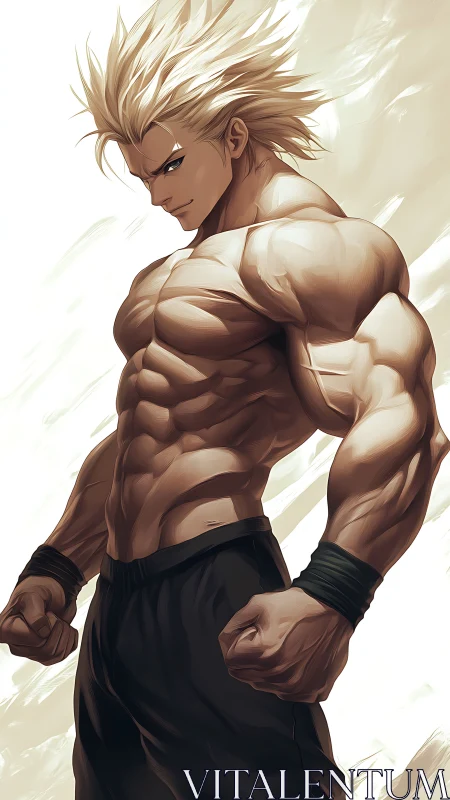 Spiky haired warrior displays hyperdefined muscular power