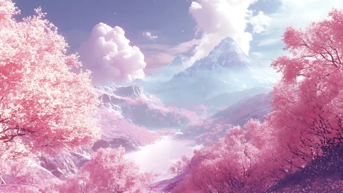 Iridescent pink valley with glacial peaks and cotton clouds.