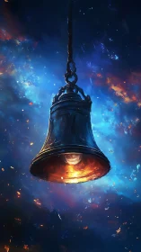 Luminous bronze bell suspended in cosmic nebula glow