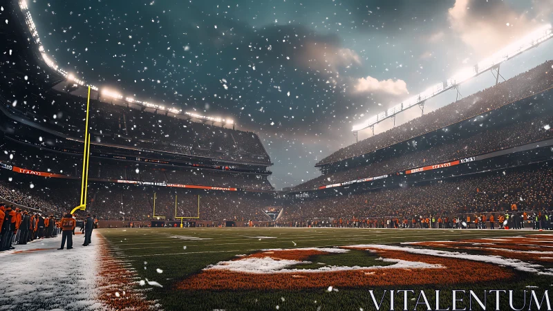Snowstorm kickoff drama under roaring stadium lights.