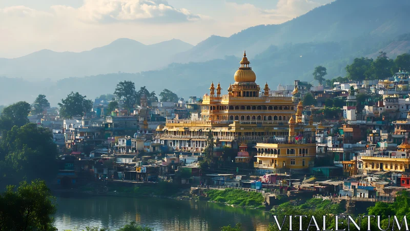 Golden riverside temple complex in dense hillside townscape.