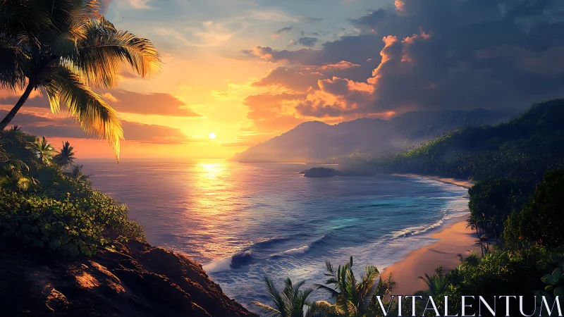 Sunset blazes above tropical bay with glowing shoreline.