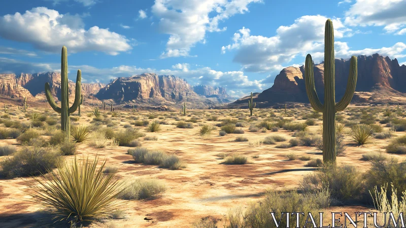 Desert plain with saguaro cacti under clear daylight sky