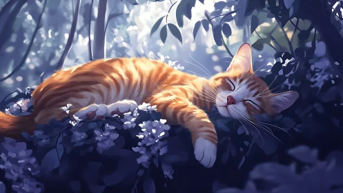 Ginger Tabby Cat Resting Among Violet Hydrangea Flowers in Dappled Sunlight