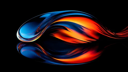 Fluid neon ribbon curves across a dark reflective void