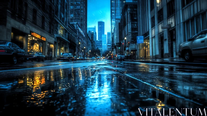 Rain-soaked city street at dusk with neon and reflections.