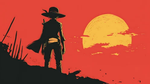 Silhouetted wanderer stands before a large setting sun