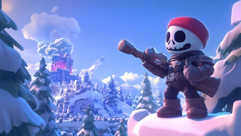 3D stylized skeleton hero overlooking snowy fortress stronghold.