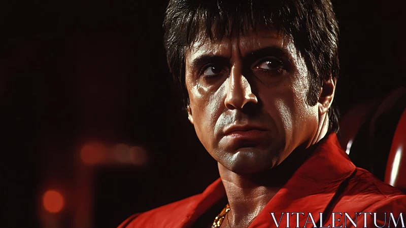 Intense man in red under moody cinematic side lighting.