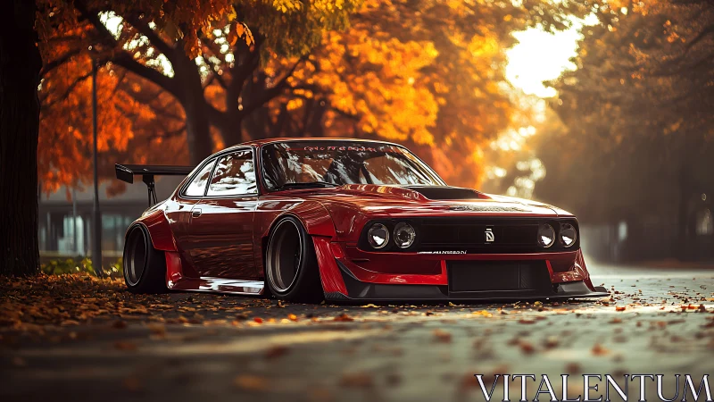 Widebody red classic street car under golden autumn trees.