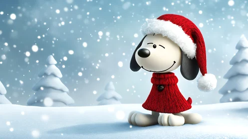 Cartoon dog in red Christmas outfit on snowy landscape.