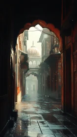 Rain-slicked Indo-Islamic alley with receding arches and dome.