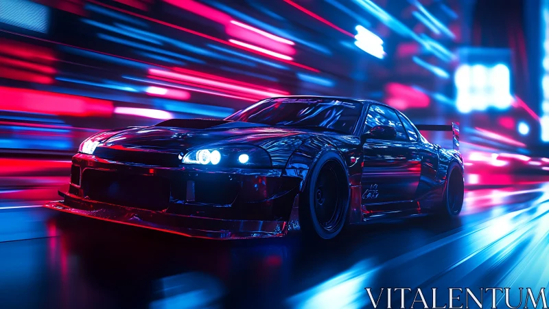 Midnight street racer glides through neon soaked city lights