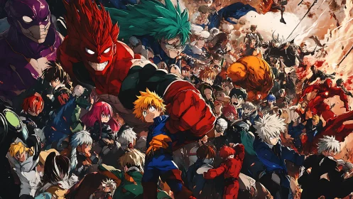 Multicharacter shonen battle tableau with dynamic combat staging.