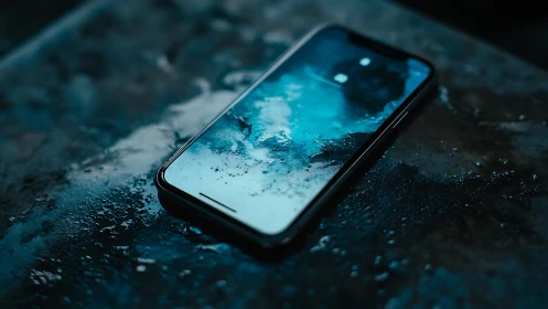 Smartphone on Wet Surface with Water Droplets and Blue Lighting