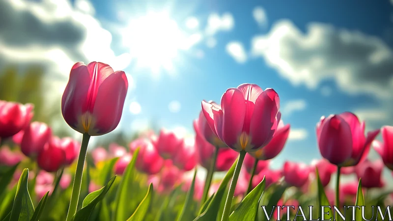 Sunlit pink tulips glow vibrantly under a bright spring sky