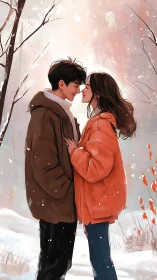 Couple in winter clothes face to face in snowy landscape.