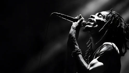 High-contrast monochrome vocalist under directional stage beam.