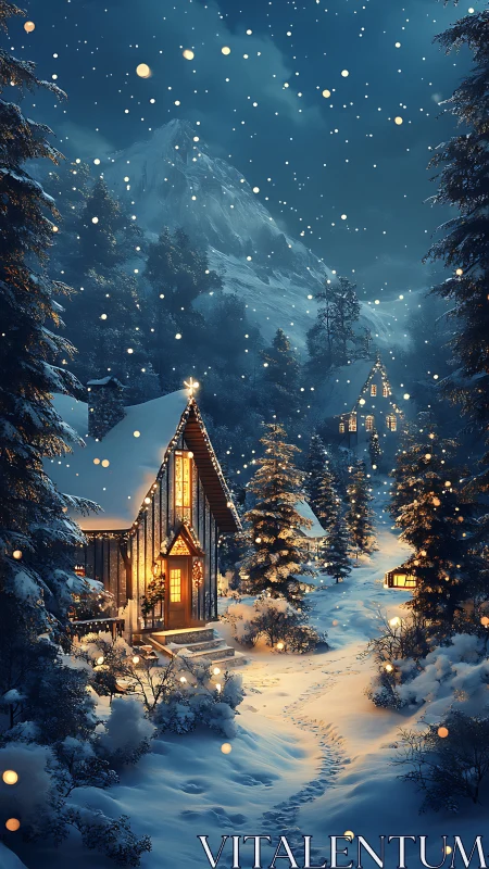 Snow-covered forest cabins emit warm light under night sky