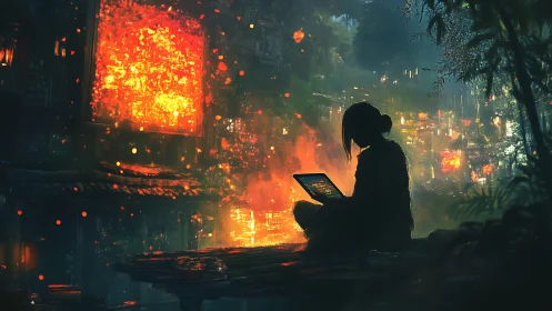 Cyberpunk silhouette with tablet beside burning neon cityscape