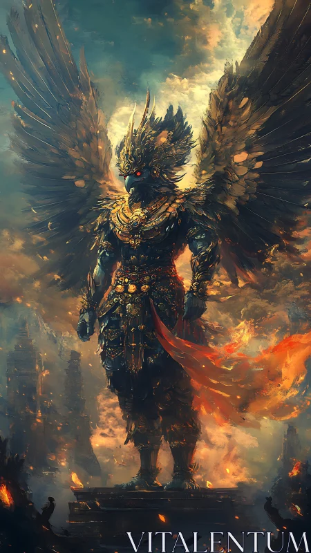 Winged armored avian figure amid flames and clouds.